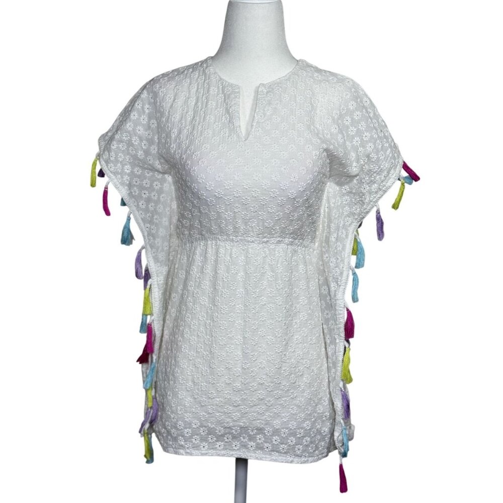 Andy & Evan Size 12 Y White Embroidered Tunic Top With Multicolor Tassels